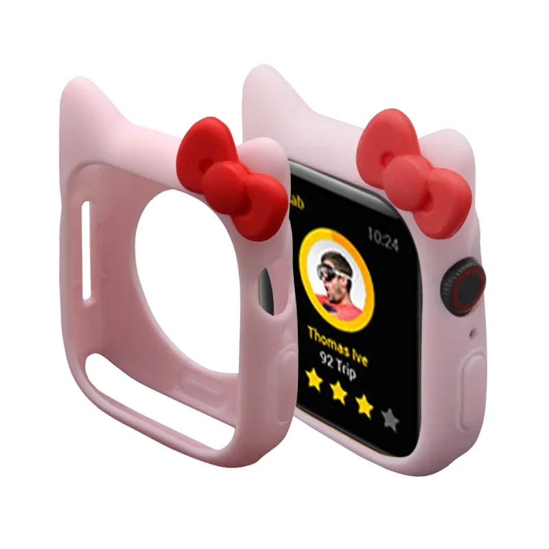 Hello Kitty Apple Watch สําหรับ Iwatch สําหรับ 38 40 42 44 มม.อะนิเมะ KT Cat เปลี่ยนซิลิโคน IWatch SHELL