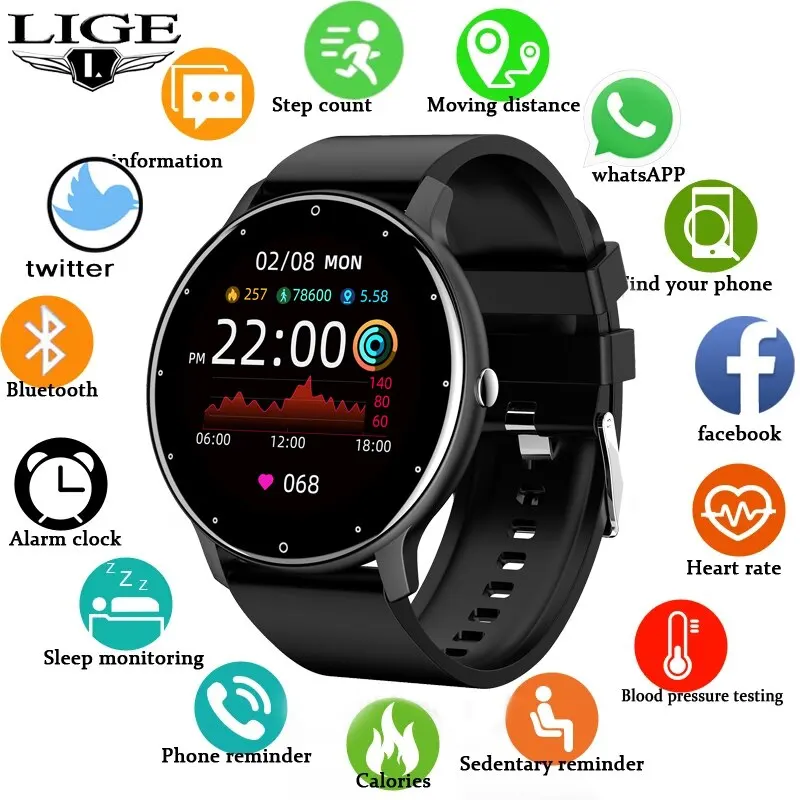 LIGE inteligentny zegarek mężczyźni kobiety w pełni dotykowy ekran sportowy zegarek do fitnessu mężczyzna IP67 wodoodporny Bluetooth dla androida IOS Smartwatch mężczyźni