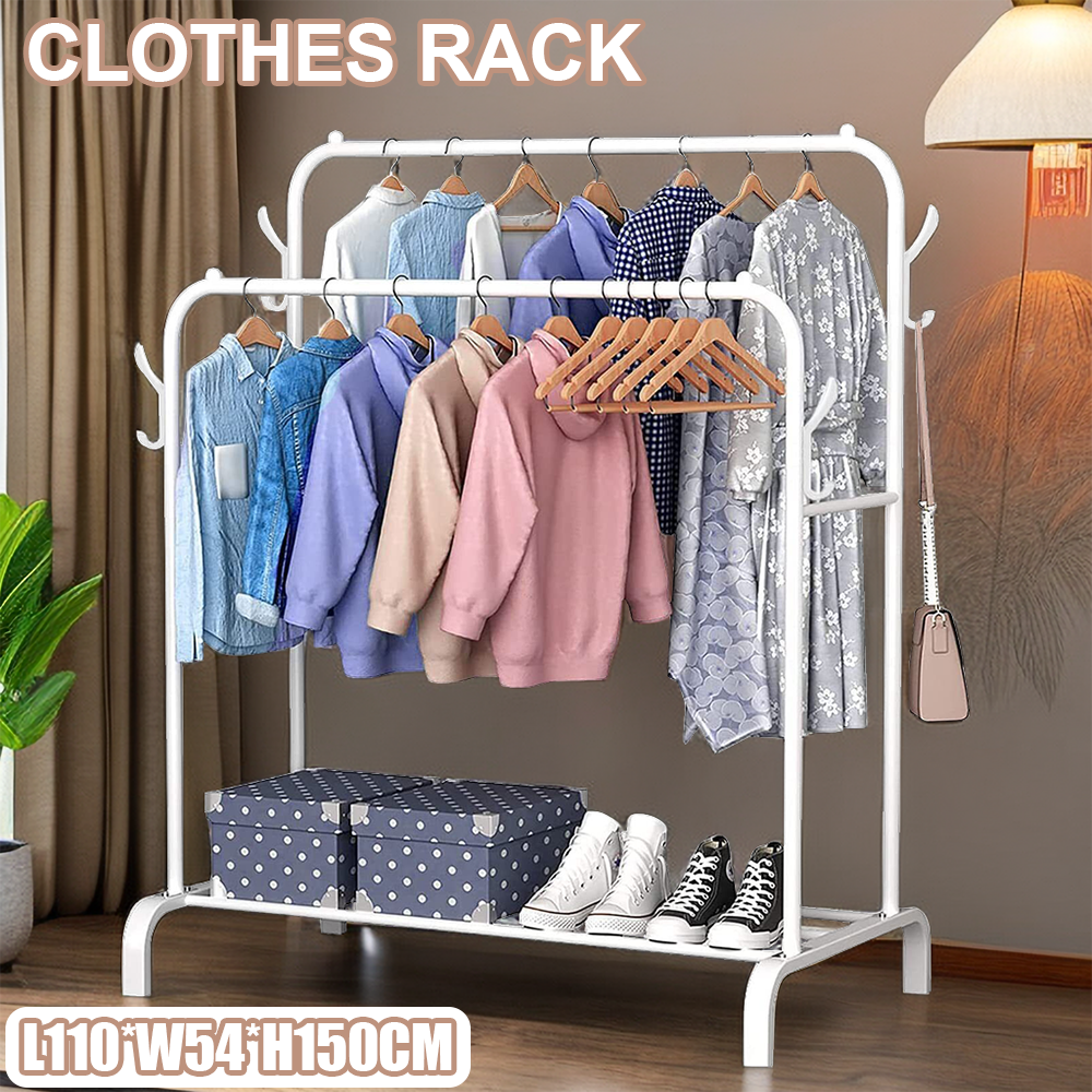 Double Rail Standing Clothes Rack Clothes Rail Shoes Rack Storage Shelf Wall Clothes Rack for Wardrobe Room Bedroom Living Room