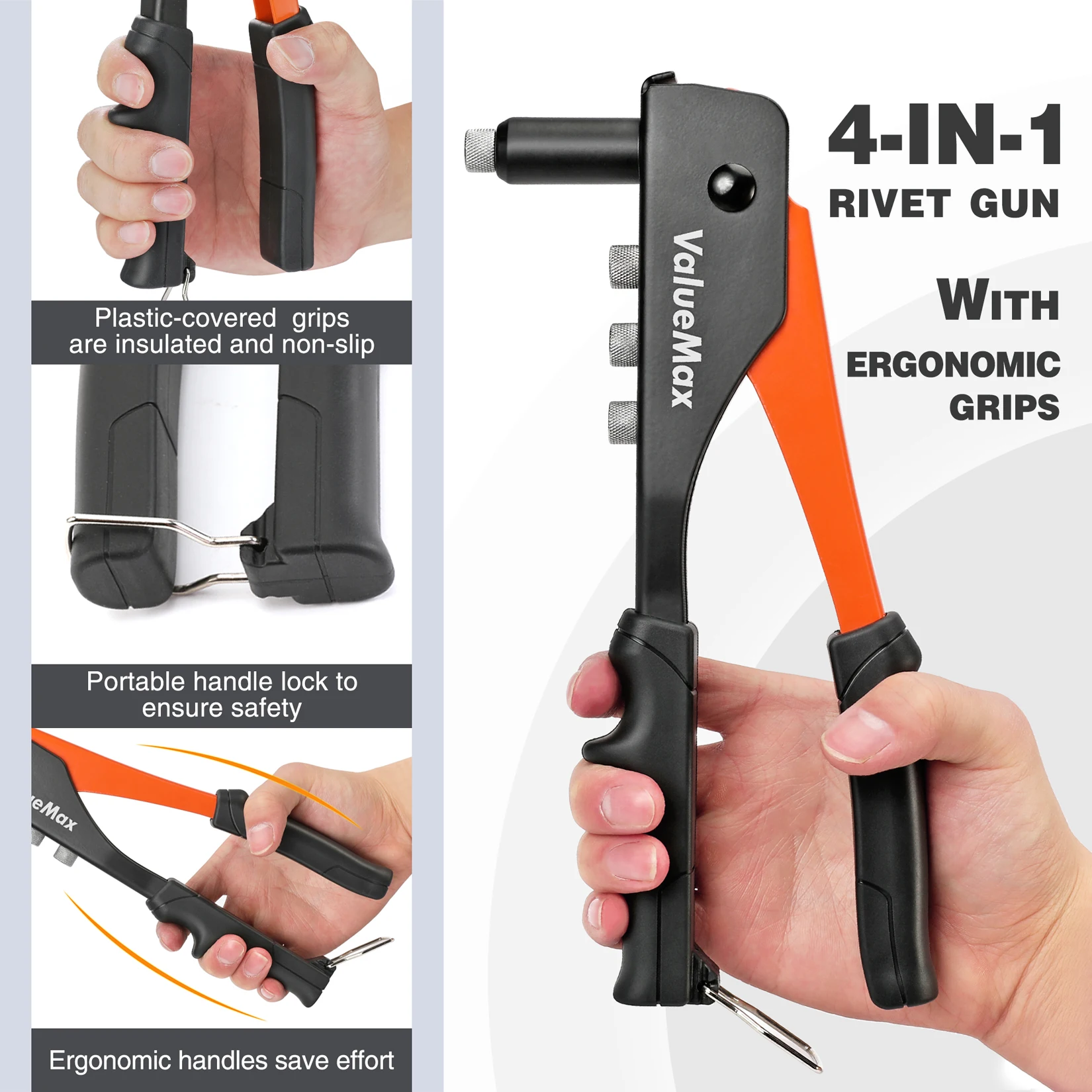 ValueMax Hand Riveter Set Professional Manual Rivet Gun Tool For Home Repair And DIY With 200 Rivets 2.4mm 3.2mm 4.0mm 4.8mm