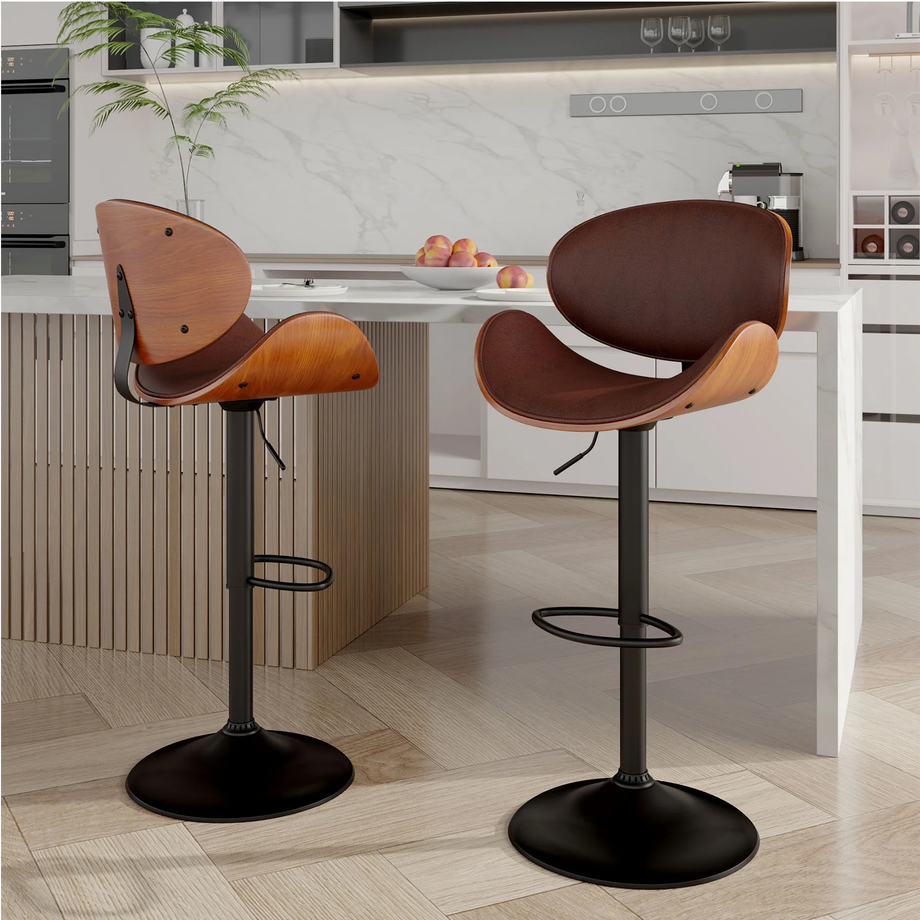 2 Pcs Bar Chair, 360 Degrees Swivel °   Rotatable Bar Stool with Backrest and Footrest, Pu Leather Upholstered, Suitable for Bar, Kitchen, Dining
