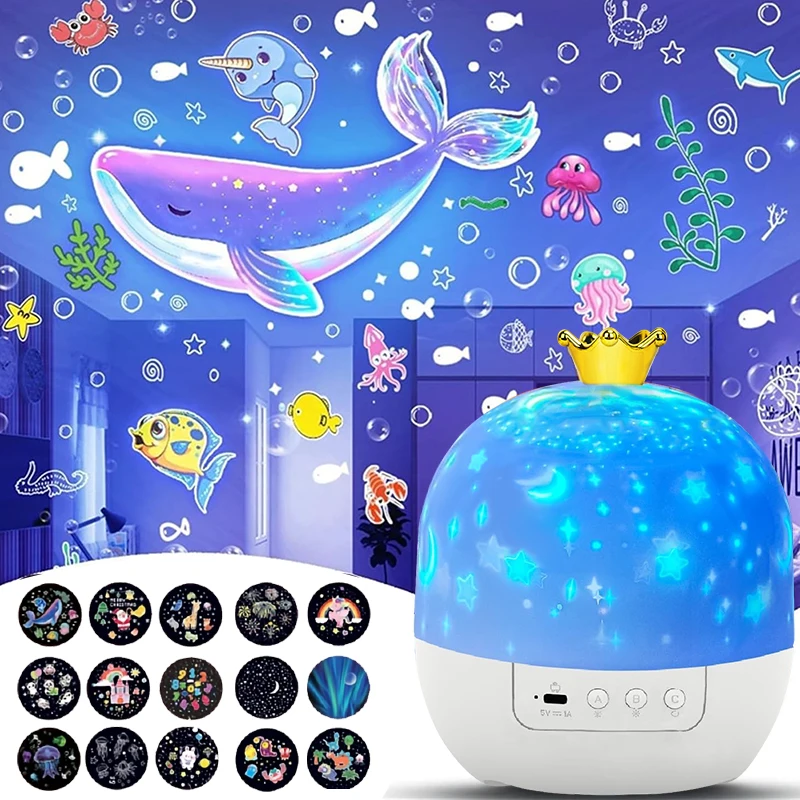 Corona estrella proyección de luz estrella giratoria dormitorio techo atmósfera noche lámpara estrellas regalo de cumpleaños para niños con hoja de películas