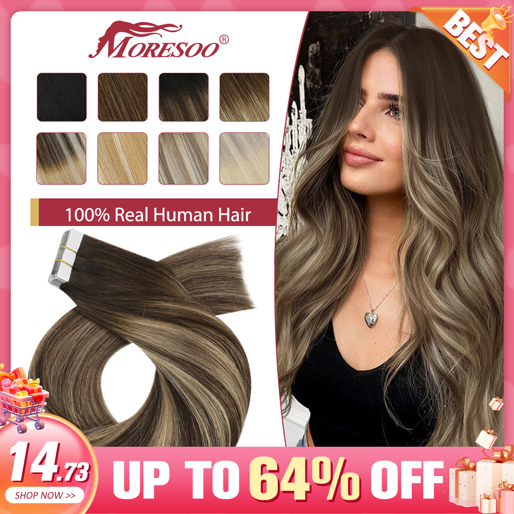 Moresoo 25g fita em extensões de cabelo humano 10 peças natural em linha reta remy cabelo 14-24 polegadas fita de cabelo loiro em extensões de cabelo