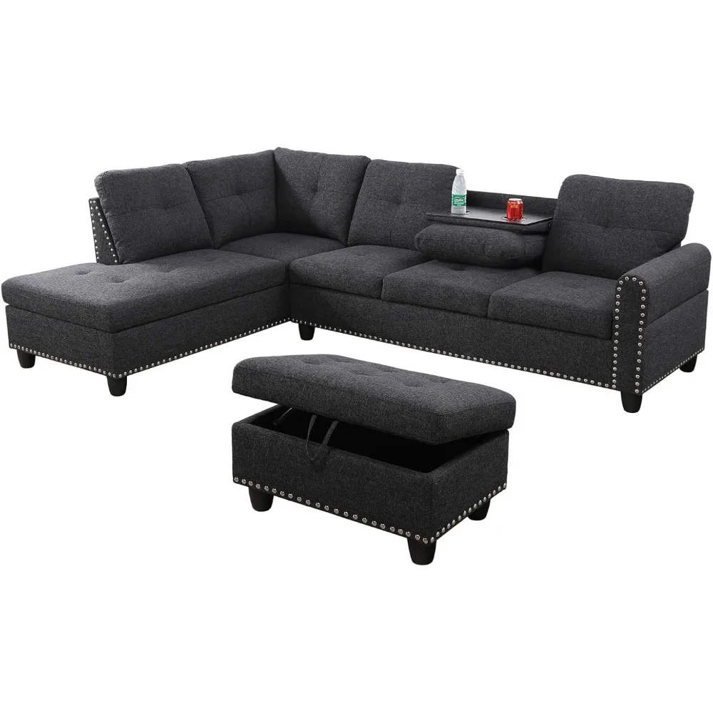 Sectional Sofa with Ottoman Nail-Head Design Linen Right Facing Modern Couches with Cup Holder L Shaped Sectional Sofa