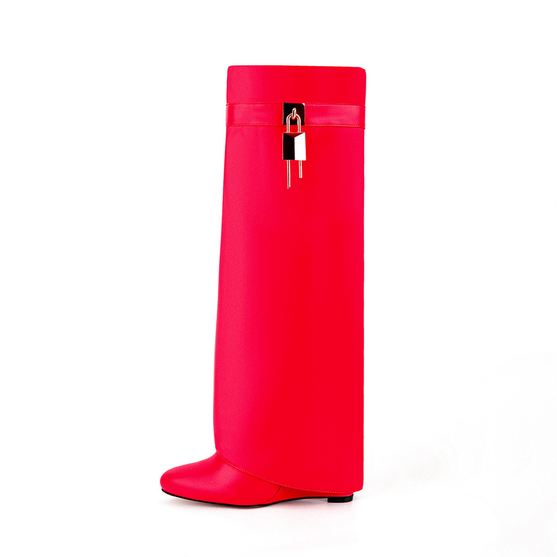 ロック金属バックル女性ニーハイブーツウェッジシューズ女性のためのパンクスタイルラウンドトゥジッパーカウボーイブーツトレンド 2025 女性の靴