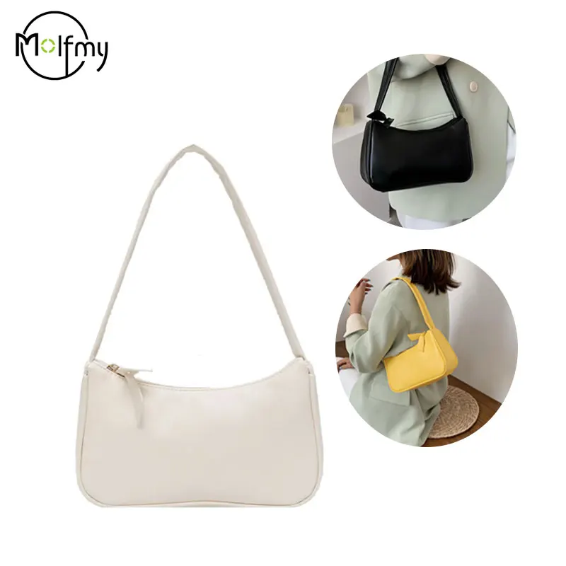 Bolsa de couro PU para mulheres, bolsas simples, bolsas axilas de ombro, cor pura, pequena, casual, elegante, senhoras, moda