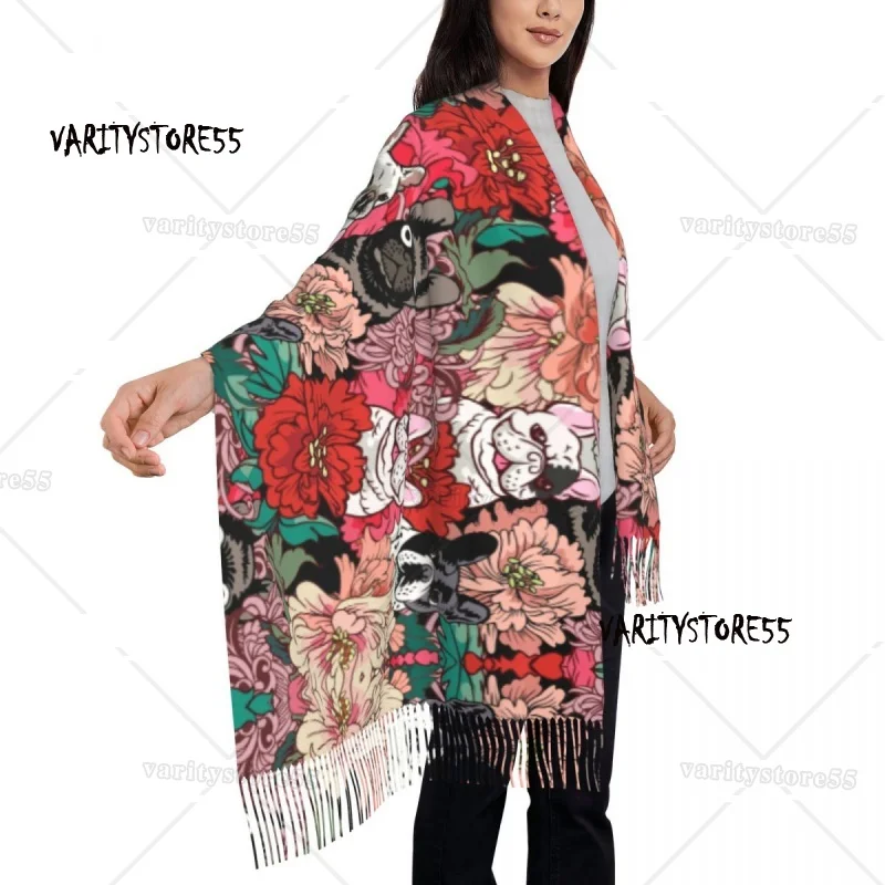 Bufandas con flores de Bulldog Francés para mujer, chal grueso y cálido con borlas, bufanda de invierno para amantes de los perros
