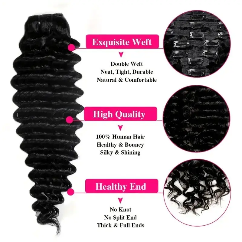 Deep Wave คลิปต่อผมมนุษย์สําหรับผู้หญิง 8 ชิ้น Cuticle Aligned ผมจริง Curly หนาปลาย 120 กรัม/เซ็ต 18 คลิป
