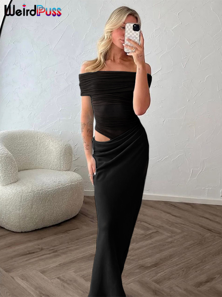 Weird Puss Ruched Irregular Dress Women Mesh Patchwork Slash Neck Short Sleeve Skinny Stretch Trend Elegant Long Bodycon Outfits