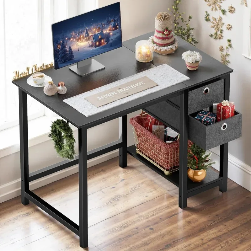 Small Computer Desk, 40X24 Inch Office Writing Work Study Gaming PC Table with 2-Tier Drawers Storage Shelf, Side Headphone Hoo