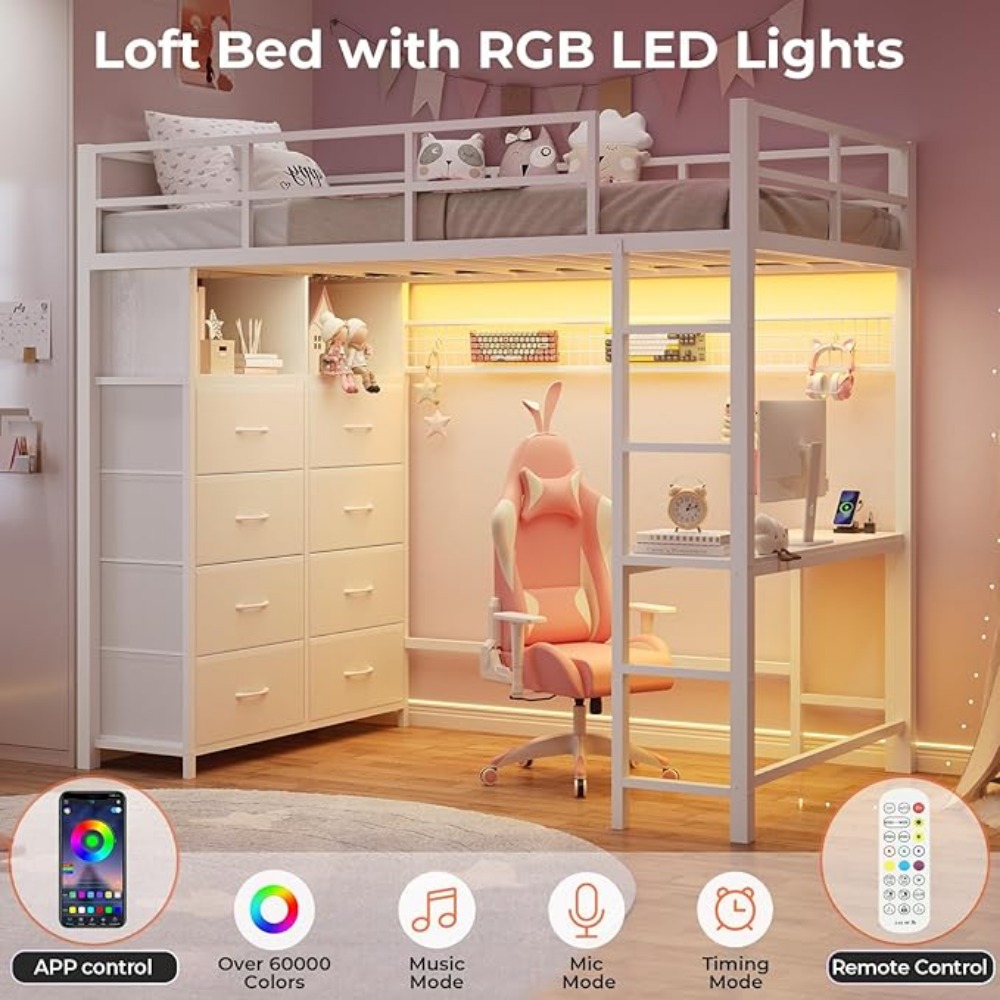 Twin Loft Bed with Desk & 8 Drawers Tall Dresser, Metal Loft Bed with LED Lights & Charging Station, 2-Tier Storage Shelves