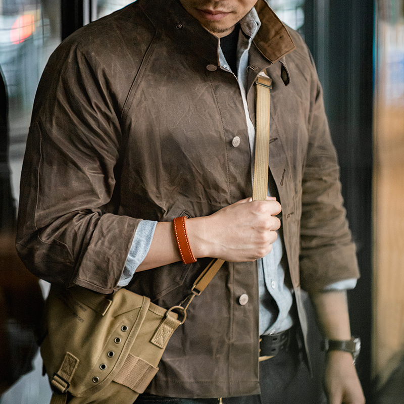 Maden Vintage Stand Collar Oil Waxed Jacket III รุ่นสําหรับชายผ้าใบกันน้ําสีทึบคลาสสิกล่าสัตว์สําหรับฤดูใบไม้ร่วง