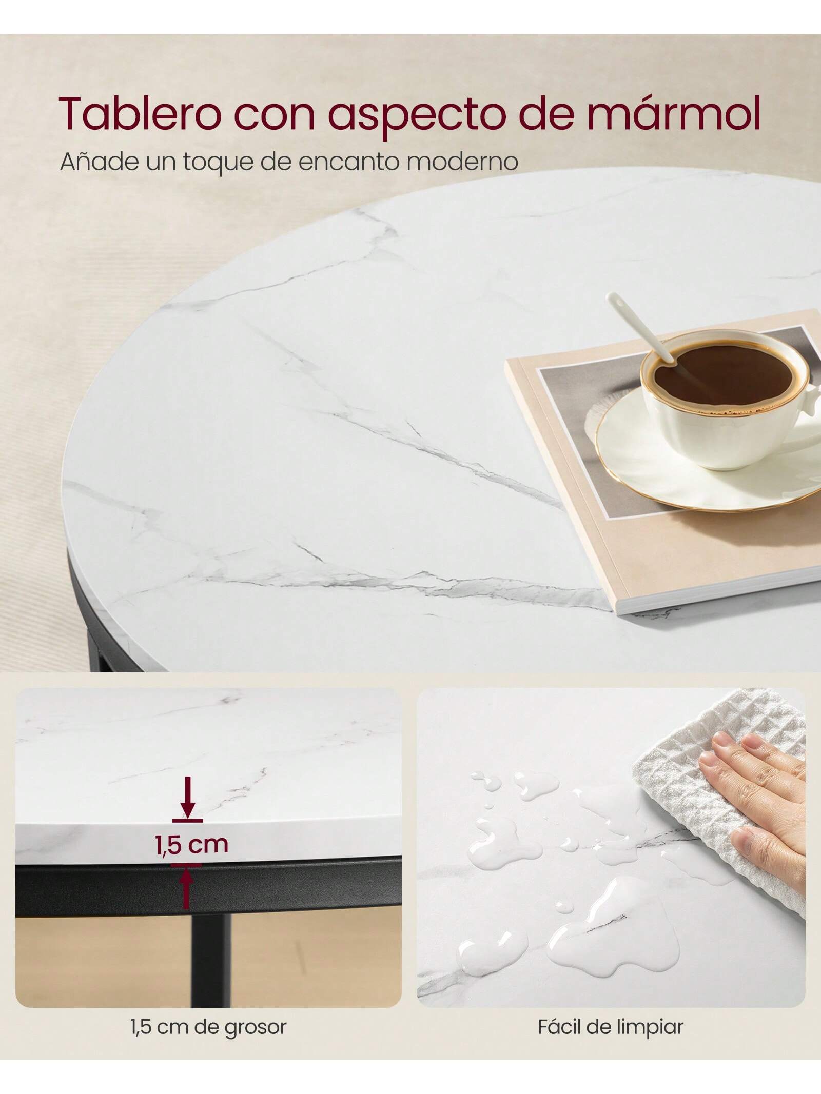 Mesa de centro VASAGLE: parte superior redonda de mármol de imitación, estante de cristal Montaje fácil, estilo moderno para sala de estar. Mármol Blanco/tinta negra