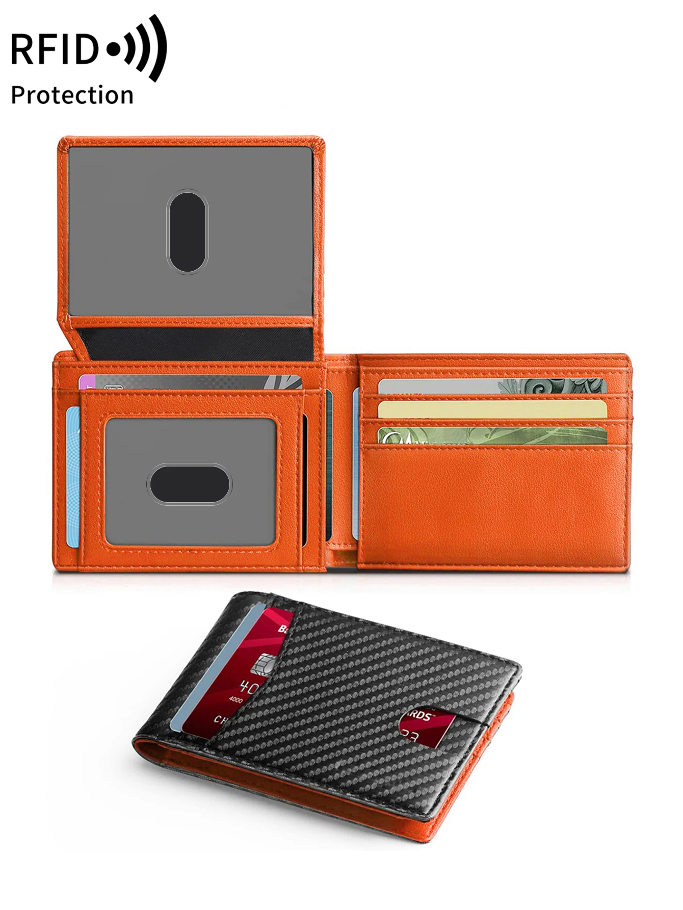 RFID Blocking Ultra Thin Trifold Wallet Carbon Fiber Pattern Credit Card Holder with 2 ID Windows Multiple Card Slots
