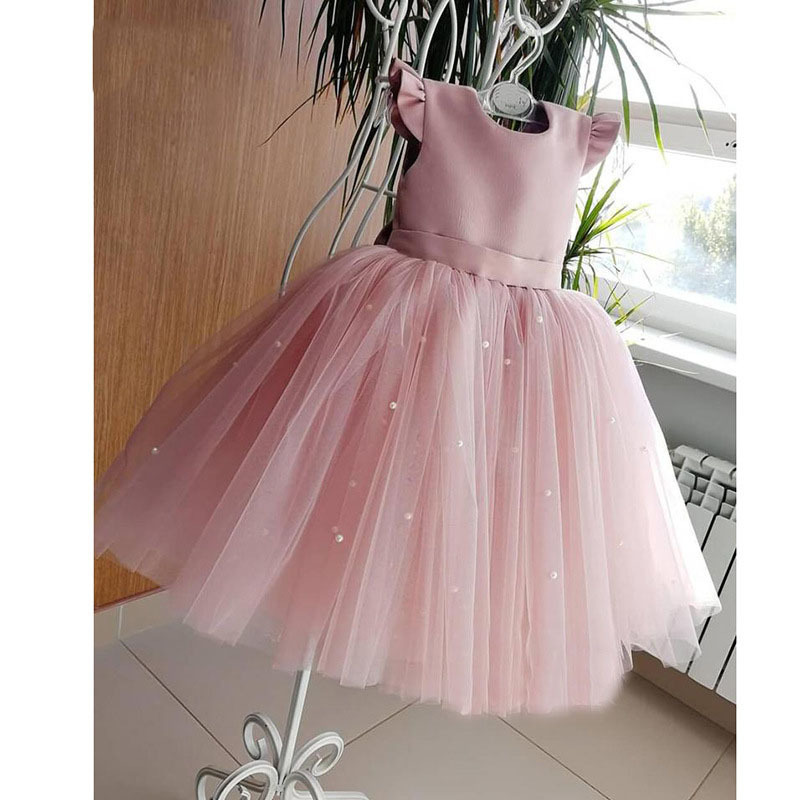 Abiti da ragazza di fiore eleganti corti rosa per bambini Compleanno Tulle senza maniche Fiocco Perle Abito da principessa per festa di nozze per bambini Baby