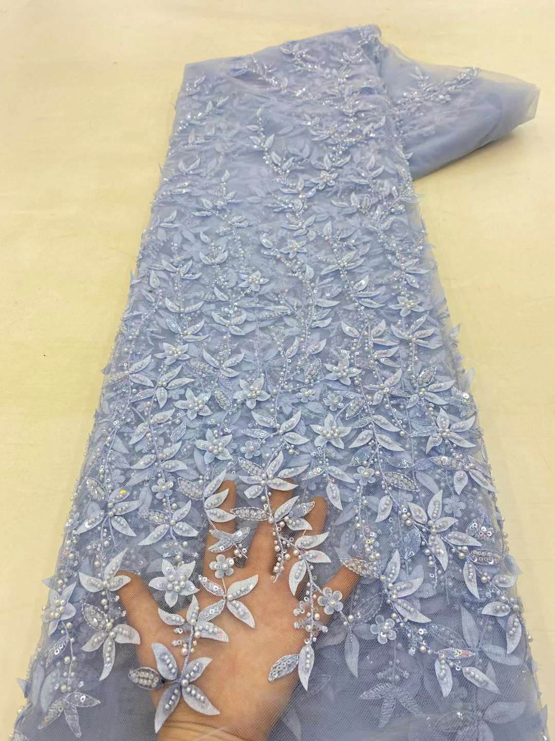 Luxury แอฟริกัน Heavy ลูกปัดสีขาวผ้าลูกไม้2023คุณภาพสูง5หลาไนจีเรียเพิร์ลปักตาข่ายวัสดุ Sequins XZ68