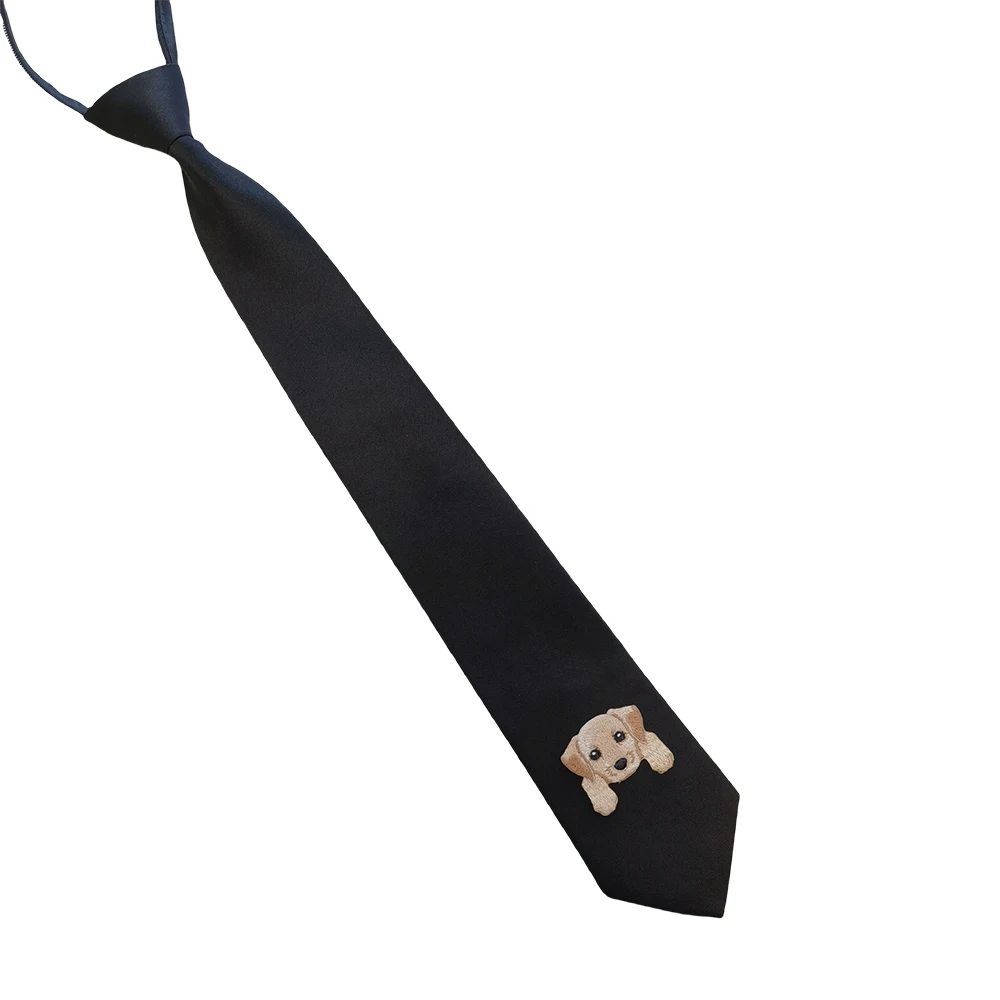 49CM Dierenborduurwerk Luie stropdas Homecoming Student Rits Stropdas Jk Kraag Effen kleur Zwarte stropdas voor academische nachtclubstijl