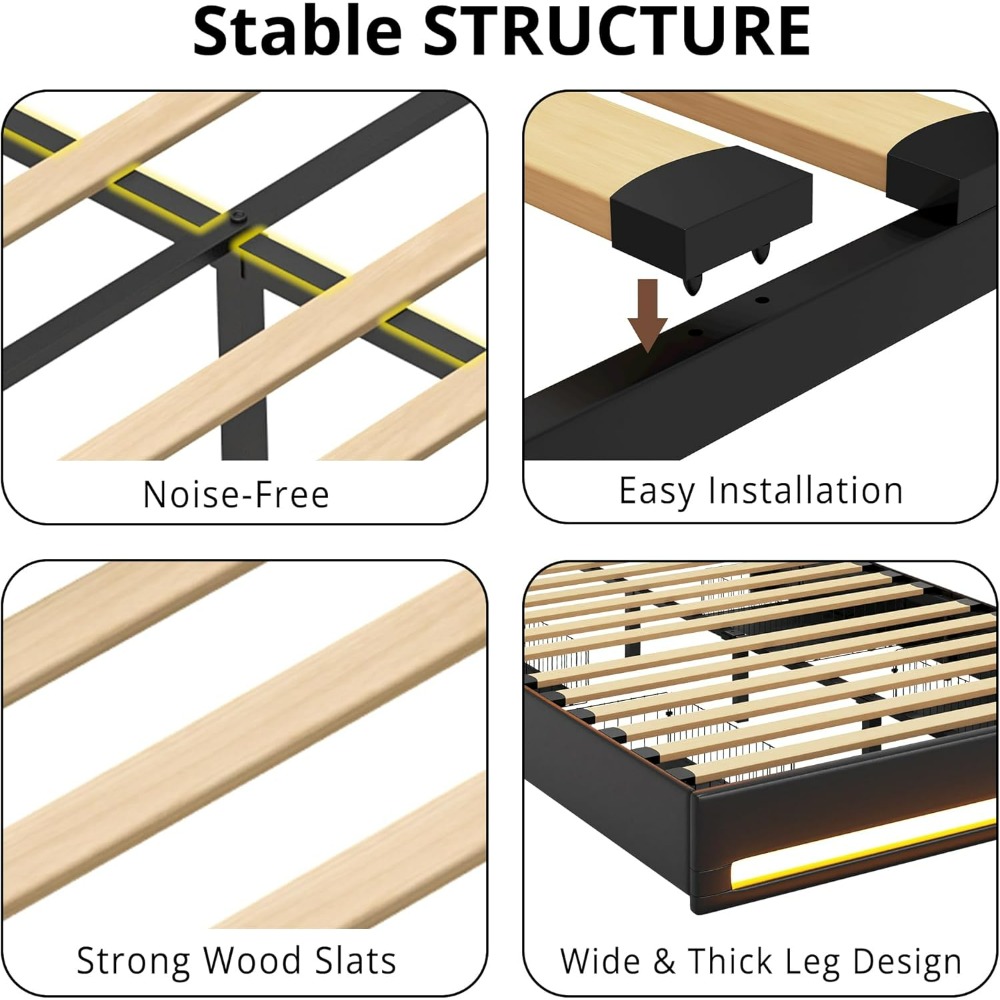 Full Size Bed Frame with LED Light, 4 Drawers, Adjustable Crystal Button Tufted Headboard, PU Leather Platform Bed Frame