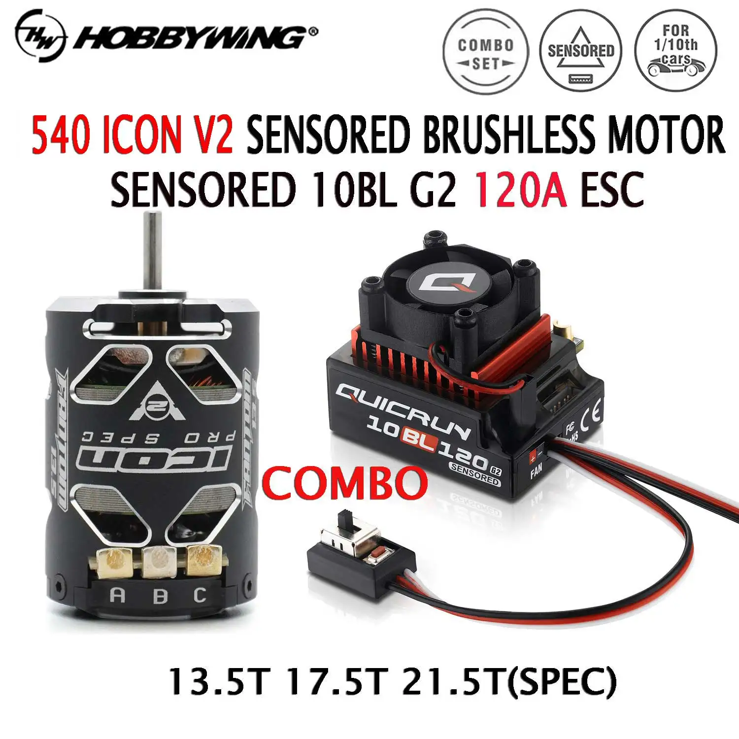Hobbywing-Lipoセンサー付きブラシレスコンボ,1:10ドリフトrcカー用,10bl,g2,120a,esc,540 icon,v2,spec,13.5t,17.5t,21.5t,モーター2-3秒