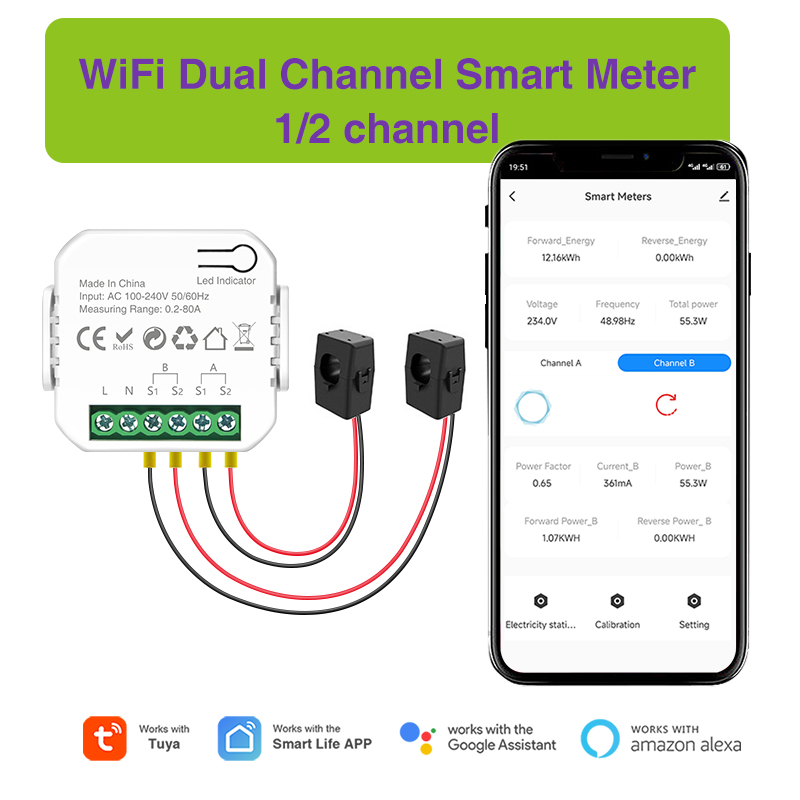 Tuya Wifi อัจฉริยะ Energy Meter พลังงานแสงอาทิตย์ PV ระบบการใช้พลังงานการผลิตแบบสองทิศทางการตรวจสอบเมตร APP Control CT