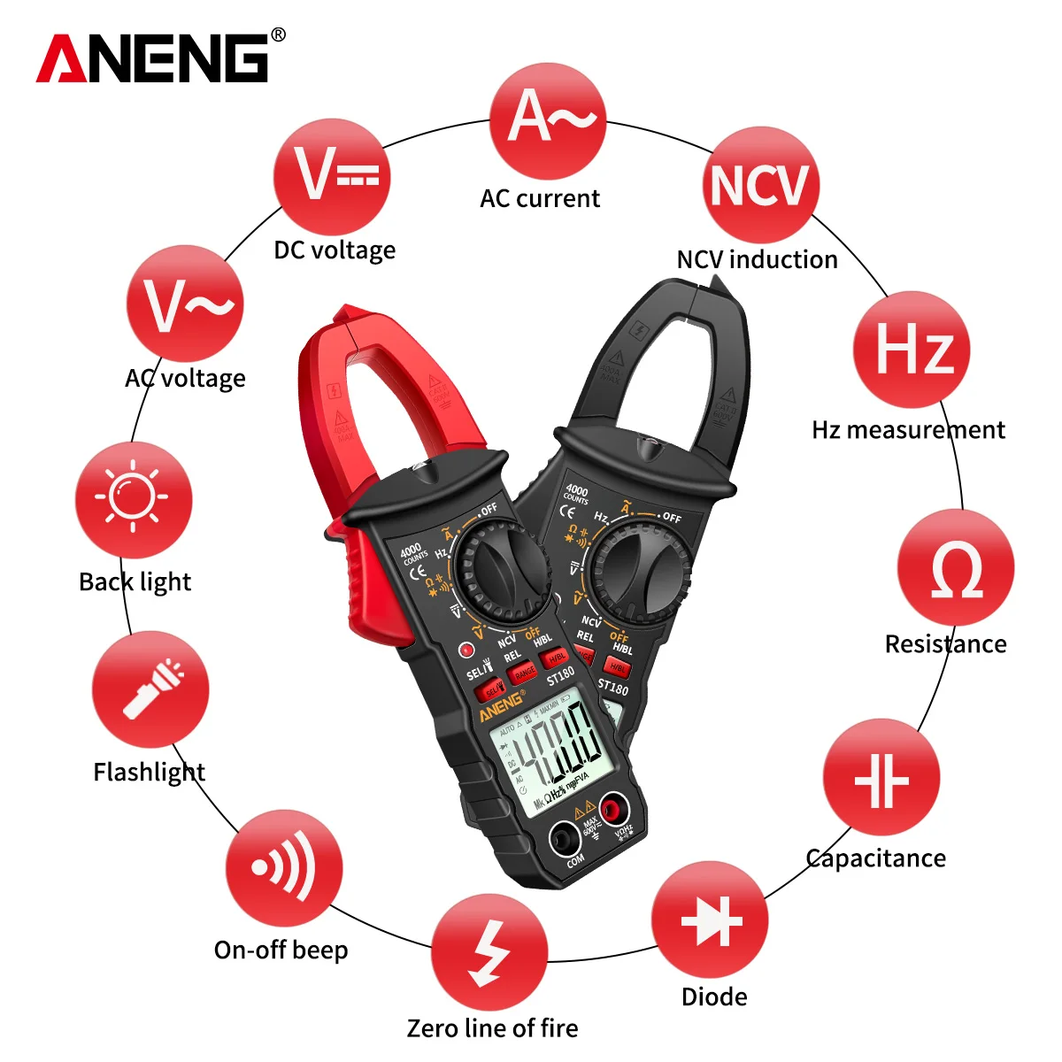 ANENG ST180 Digital Clamp Meter 4000 นับ AC Current Ammeter มัลติมิเตอร์เครื่องทดสอบแรงดันไฟฟ้ารถ Amp Hz Capacitance NCV Ohm เครื่องมือ