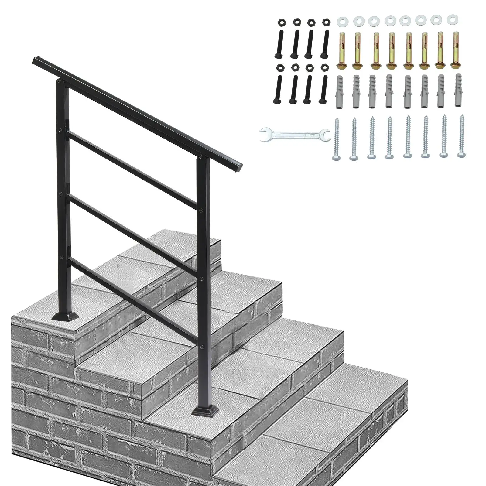 for outdoor Wrought Iron Handrails for 1-3 Steps, Easy Install Kit, Black Transitional Design