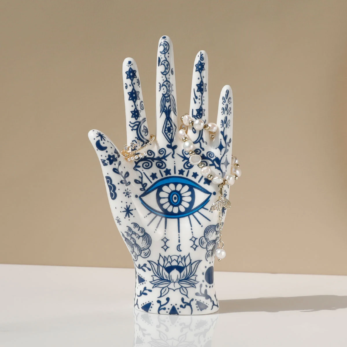 SIQIZHOU Devil's Eye of Fatima เครื่องประดับ Holde เซรามิค Mannequin Hand Stand ออกแบบมาสําหรับสร้อยคอ,สร้อยข้อมือ,แหวน