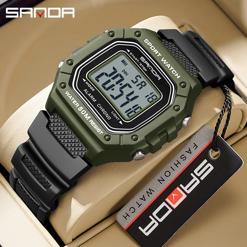 SANDA 2156 Mode Herenhorloge Militair Waterbestendig Sporthorloges Leger Grote Wijzerplaat Led Digitale Horloges Stopwatches Voor Mannelijke