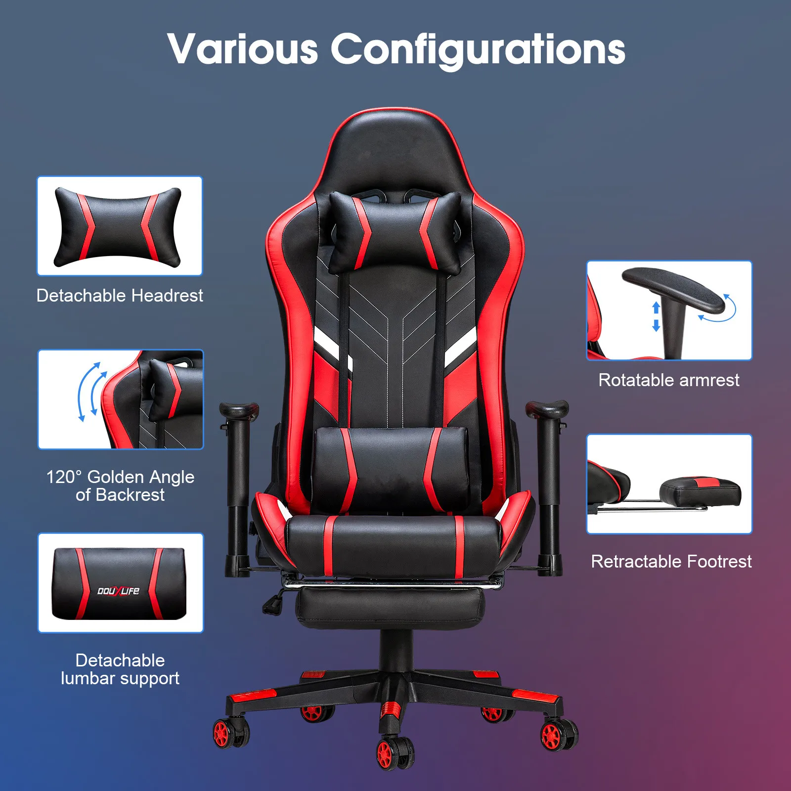 GC-RC03 Massage-gamingstoel 7-punts verstelbare zithoogte Ergonomische bureaustoel met voetsteun en lendensteun voor thuiskantoor