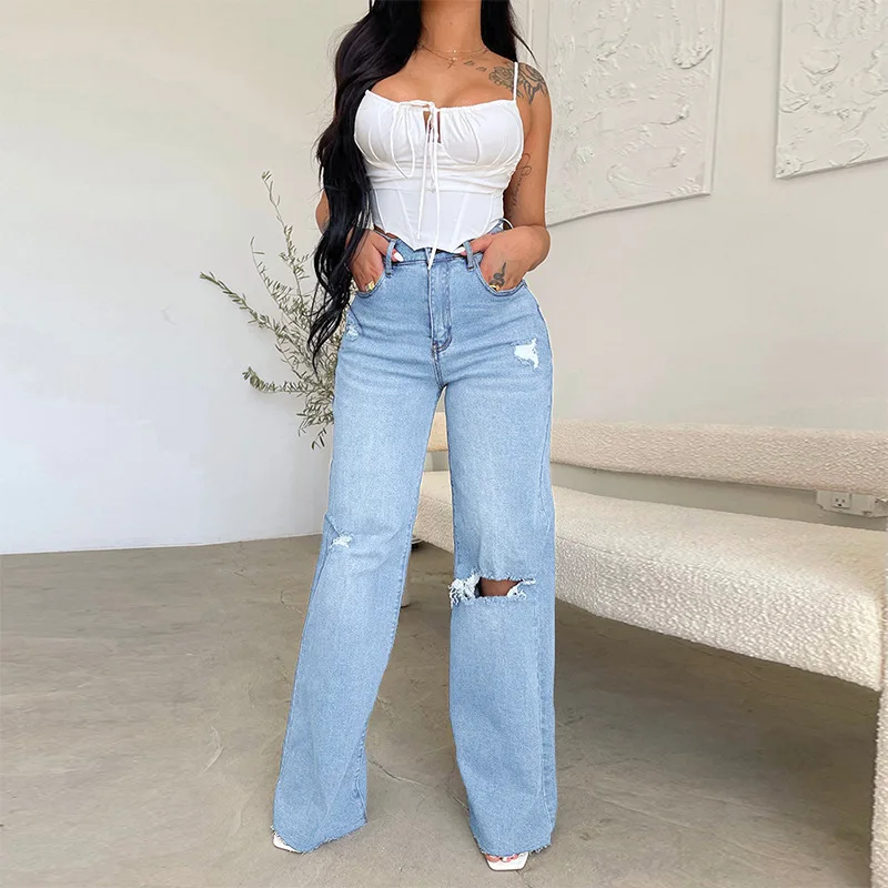 Mandylandy Damen-Jeans, lang, hohe Taille, zerrissen, ausgefranst, bequem, weites Bein, Denim-Hose, gewaschenes Loch, Streetwear-Denim-Hose