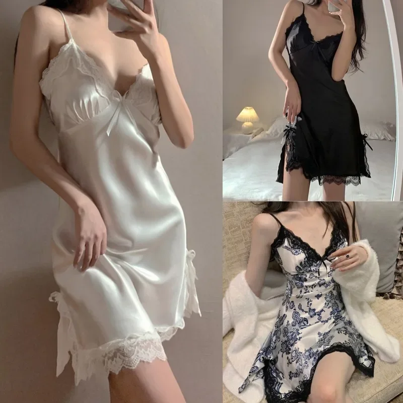 Sexy renda com decote em v feminino suspensórios camisola sleepwear feminino sem mangas roupa de dormir para senhoras