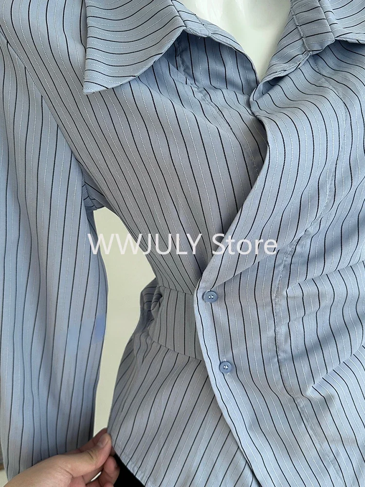 女性スタイリッシュな韓国ヴィンテージストライプシャツ長袖ブラウスデザインオールドマネー 2000 年代美的オフィスレディ Blusas 不規則