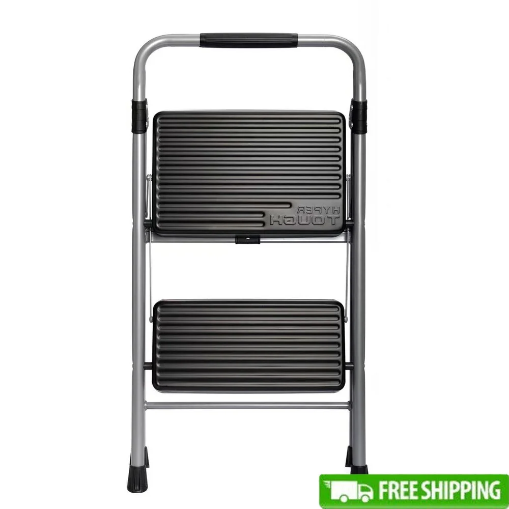 Large Foldable Step Stool 2-Step Steel Platform Holds 225 Pounds Slip Resistant Tread Easy Storage Soft Handle Carrying