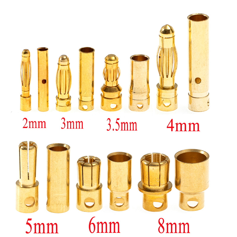 5Pairs Gold Plated Brass Banana Connectors RC Toys Plug Lipo Battery To Electronic ESC Motor DIY Accessories 2/3/3.5/4/5/6/8mm