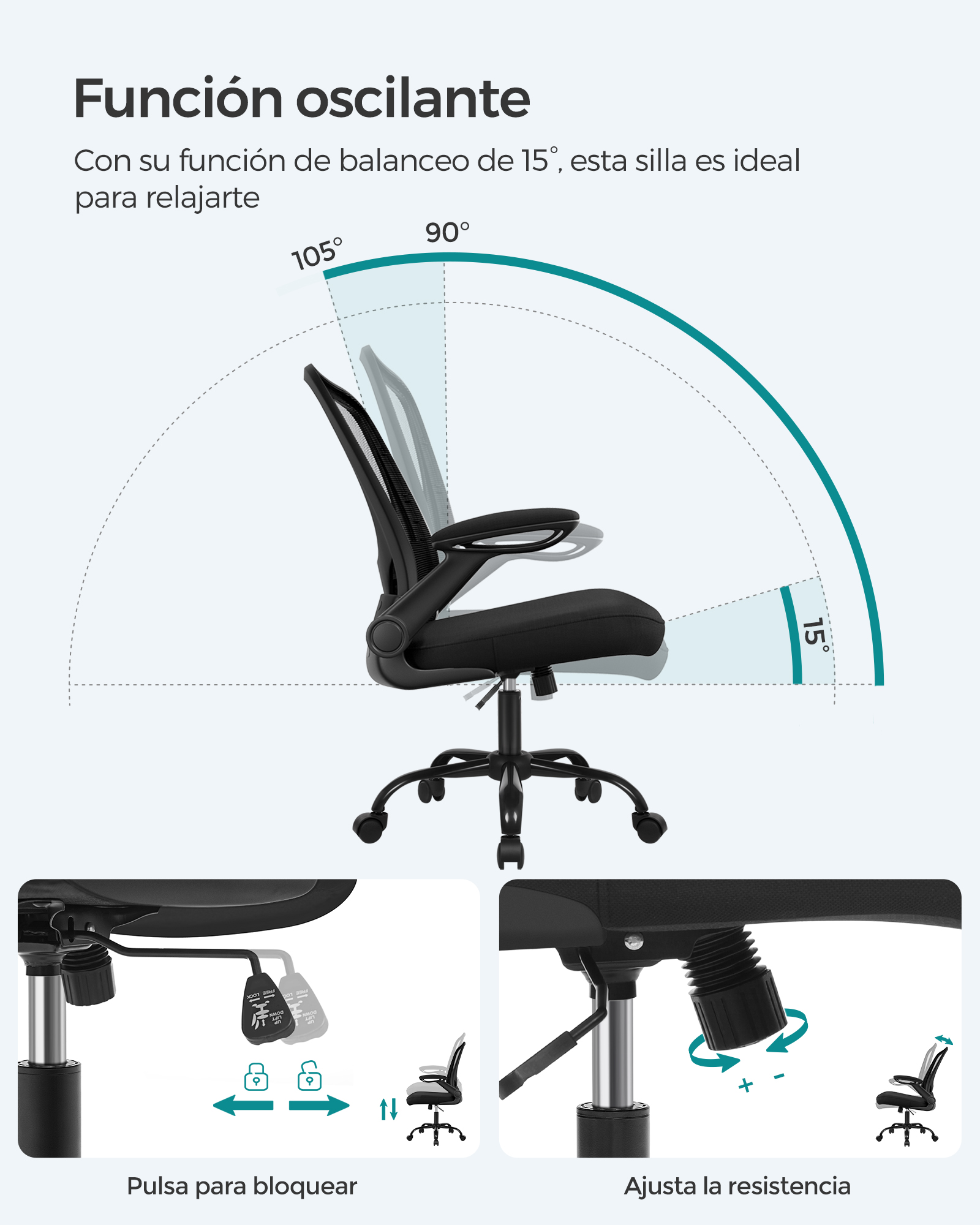 SONGMICS Office Chair, Mesh Desk Chair, Ergonomic Computer Chair, Lumbar Support, Rocking, Seat Width 53 cm, Flip-Up Armrests