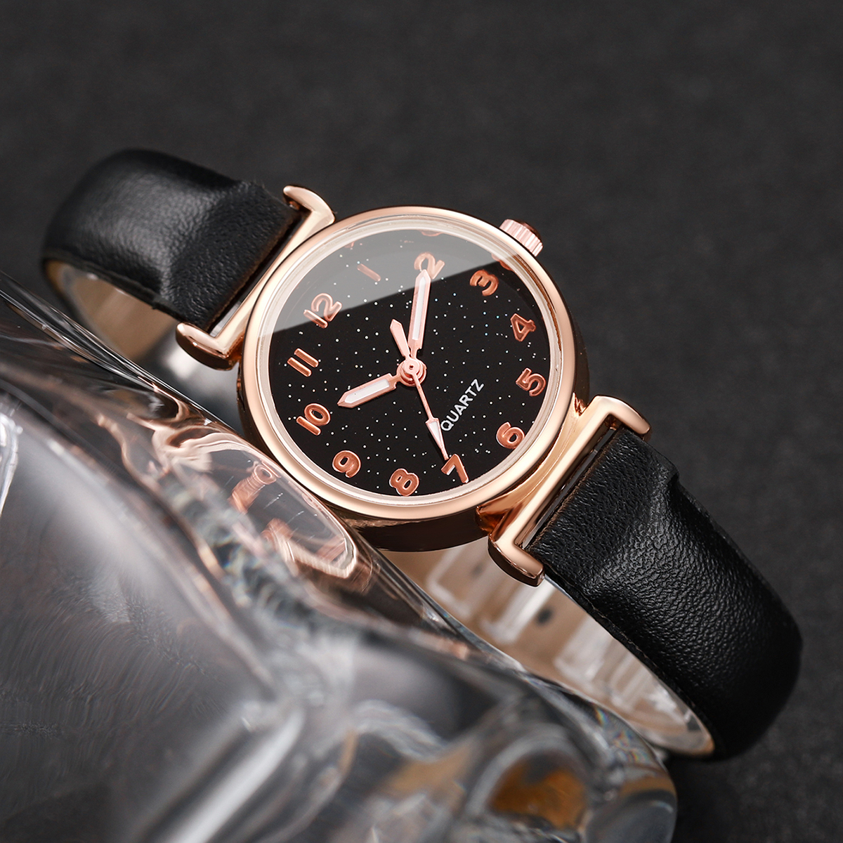 女性用スターリースカイリアルレザーバンドクォーツ時計、ターコイズブレスレットセット、ファッションブレスレット、5個