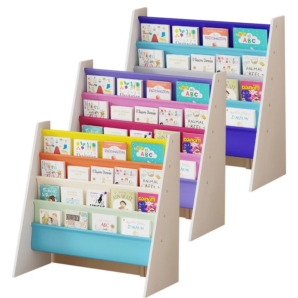 BonChoice 4-Tier Children Sling Book Rack Bookshelf Wooden, Easy-to-Reach Storage for Books, Kids Book Rack Storage Bookshelf
