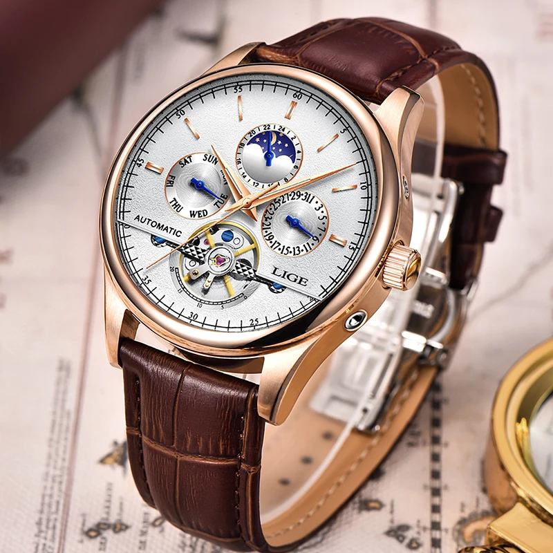 Relojes LIGE 2024 para Hombre, reloj mecánico automático Tourbillon, reloj deportivo de cuero, reloj de pulsera Retro informal de negocios, Relojes para Hombre