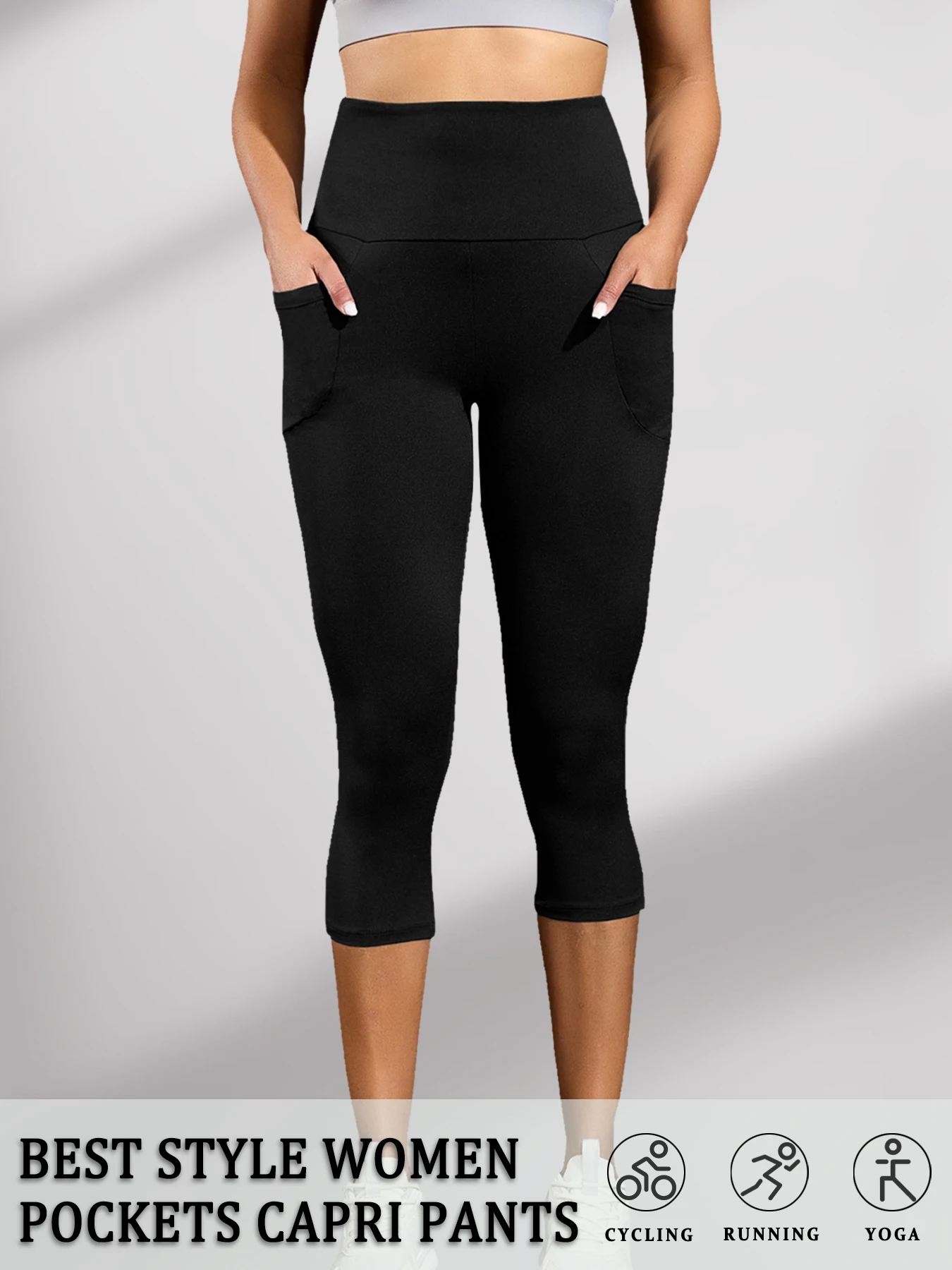Hoch taillierte Caprihose für Damen mit Taschen, Bauchkontrolle, kein durchsichtiges Training, Laufen, Yoga, sportlich, Push-Up-Gymnastik-Leggings