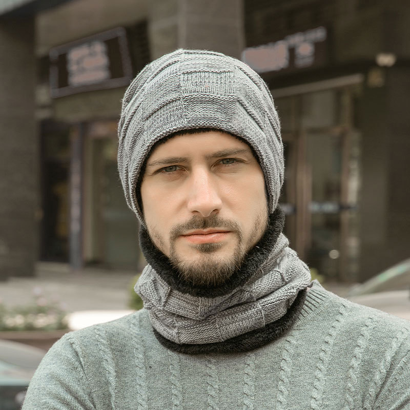 Männer Winter Warm Halten Beanie Schal Set Männlichen Fleece Futter Woolen Garn Hut Stricken Hals Gamasche Einfarbig Plaid Design großhandel