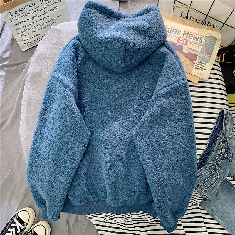ผู้หญิงฤดูใบไม้ร่วงฤดูหนาว WARM Fluffy Hoodie ใหม่ Casual Hooded Pullovers ตัวอักษรขนแกะขนแกะเสื้อกันหนาวหลวม TOP Ropa De Mujer
