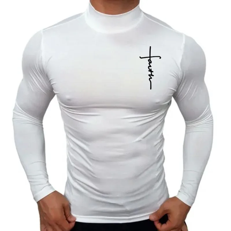 新しいファッションメンズハイカラー長袖Tシャツ、メンズフィットネスワークアウトシャツジムトレーニングトップスマッスルTシャツ、信仰グラフィックTシャツ