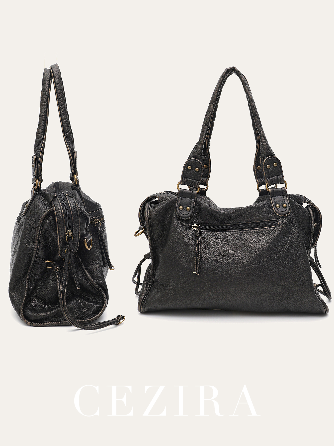 Vintage Gewassen Pu Leer Grote Capaciteit Draagtas Met Rits Gevlochten Decor Schouder Crossbody Tas Unisex Vrouwen Dagelijkse Reishandtas