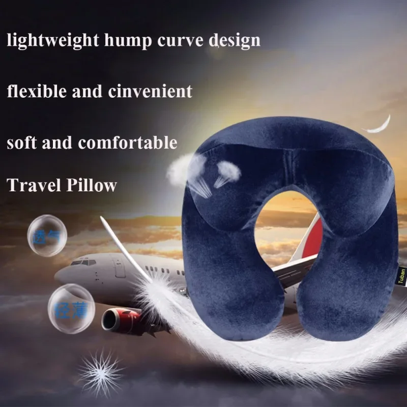 Almohada de viaje en forma de U para avión, almohada inflable para el cuello, accesorios de viaje, almohada cómoda para dormir, textil para el hogar, azul