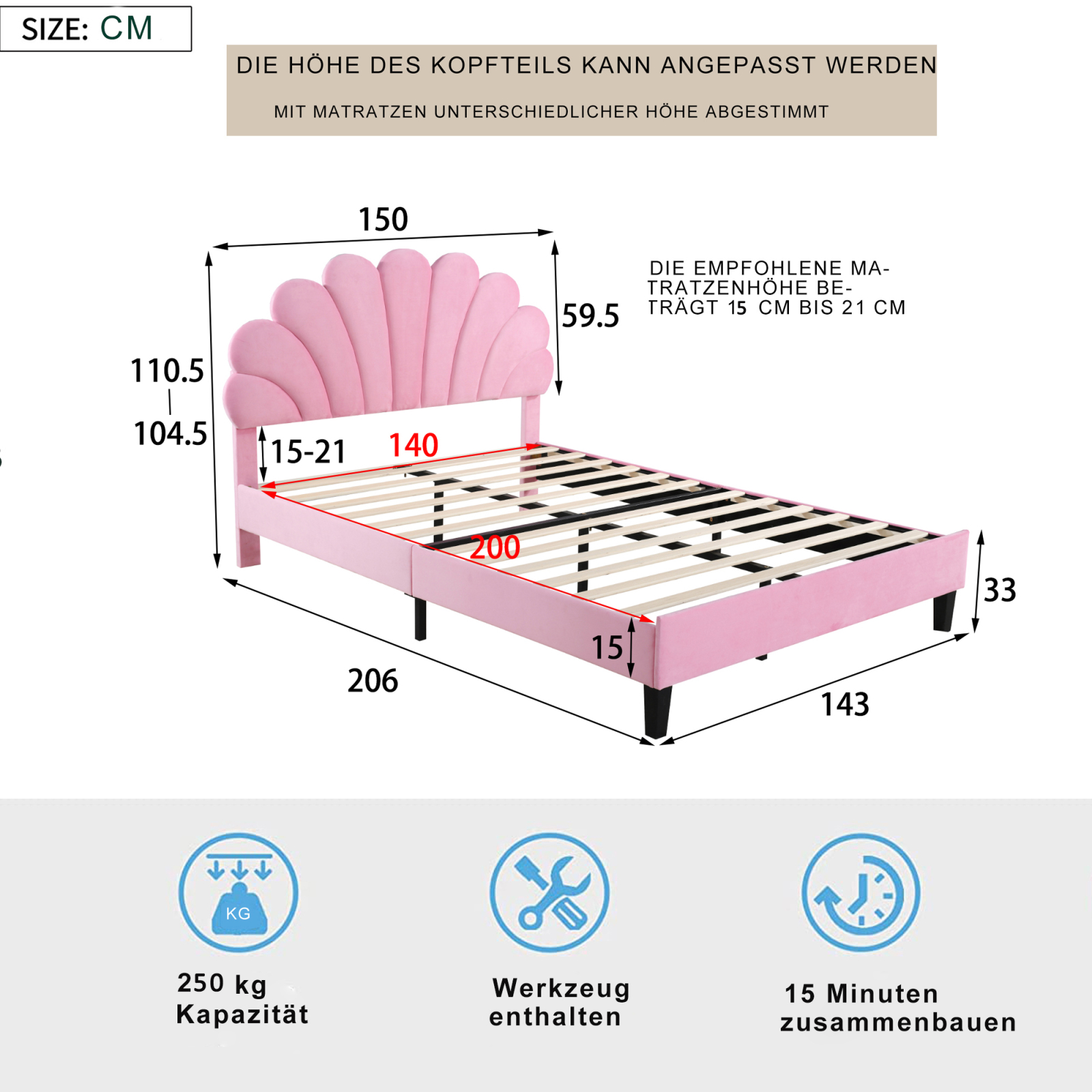 Polster bett mit blumen förmigem Kopfteil und Lattenrost Kinder bett Jugend bett Samt-140x200cm-ohne Matratzen