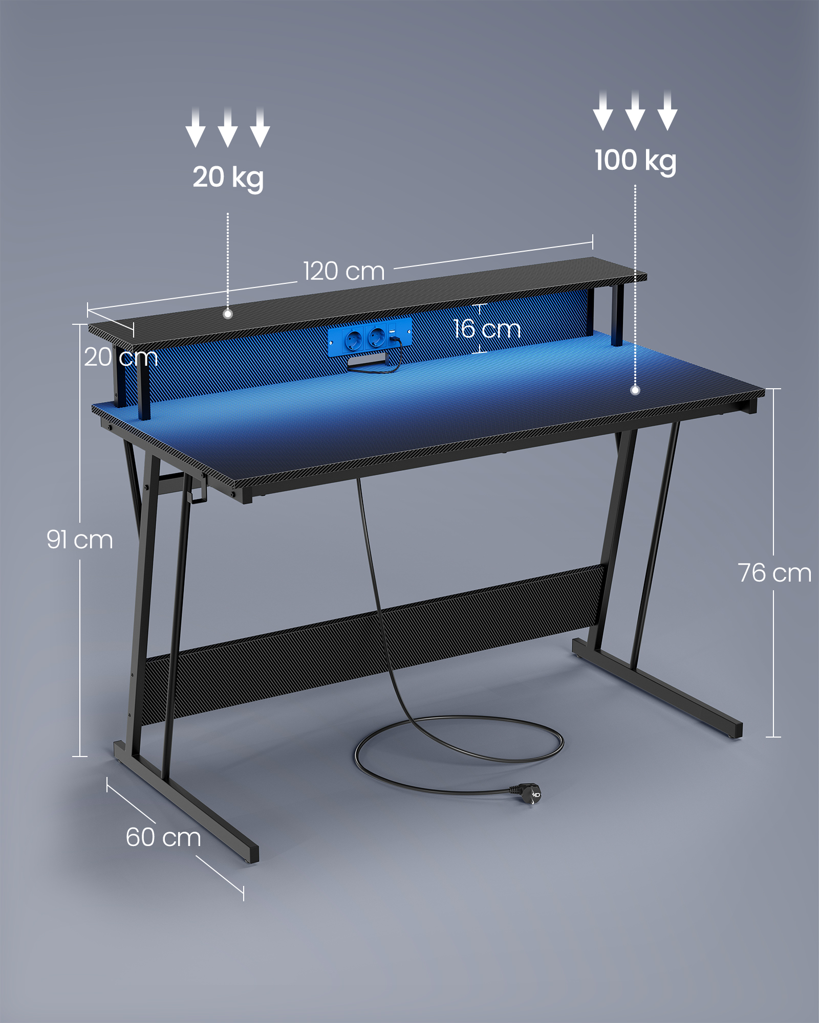VASAGLE Schreibtisch, mit eingebauter Steckdosenleiste,LED-Beleuchtung