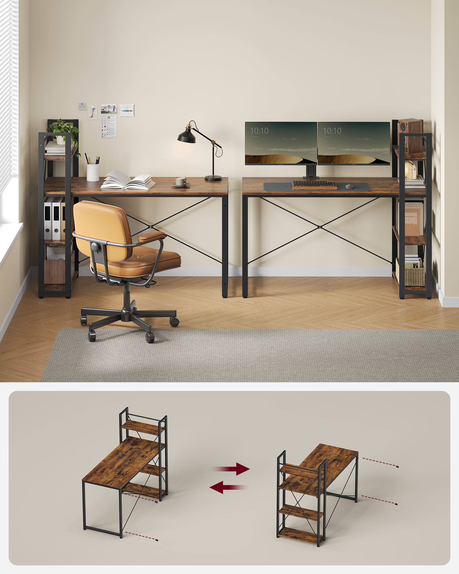 VASAGLE Schreibtisch, Computertisch mit Regalböden rechts oder Links, 137,2 cm breiter Bürotisch, für Arbeitszimmer, Homeoffice