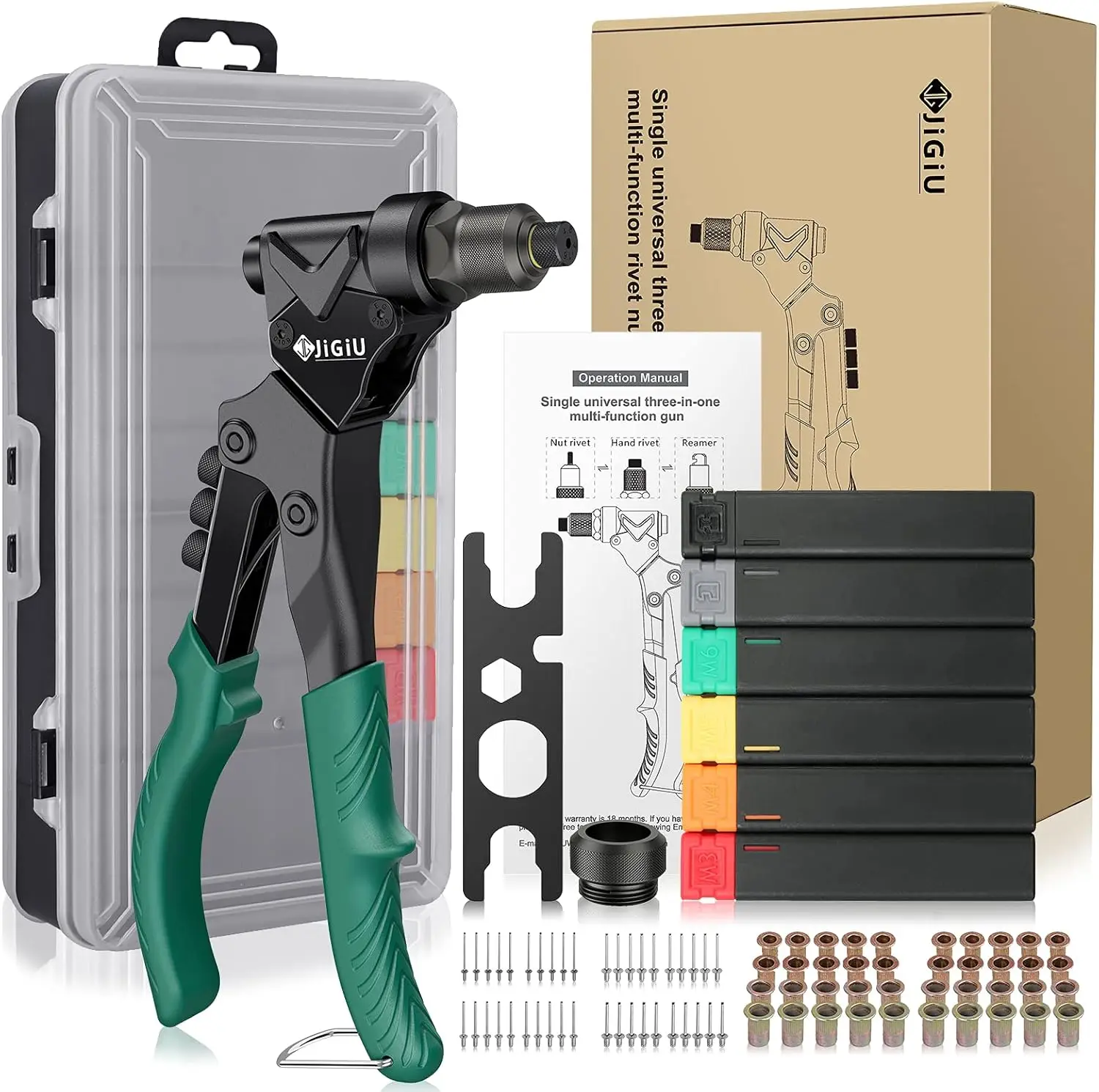JiGiU 3-in-1 Rivet Nut Tool, Rivet Gun, Reamer Set, 360° Swivel Head, 4 Mandrels, 40 Rivets, 40 Nuts, Carrying Case.