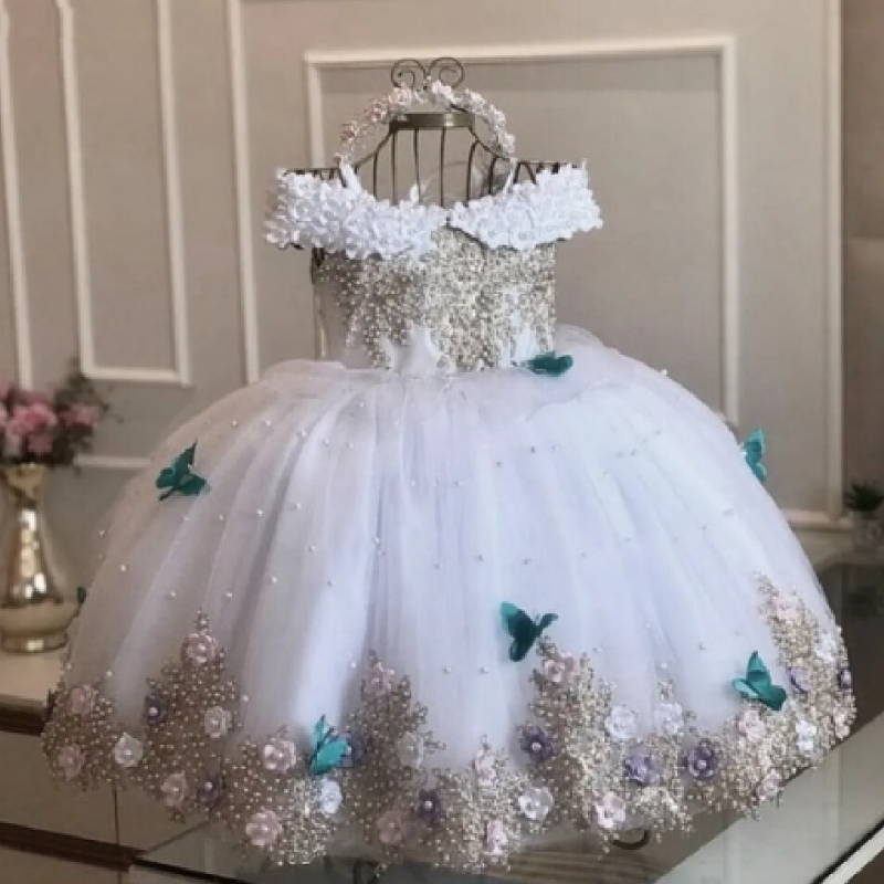 사용자 정의 블루 아기 소녀 드레스 Tulle 꽃 진주 나비 소녀 드레스 결혼식 생일 성찬식 가운에 대한 어깨에서 떨어져