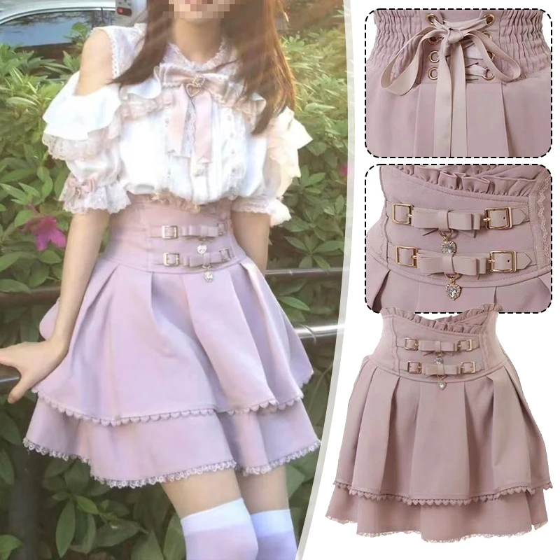 Rok Mini Gaya Lolita Manis Jepang Rok Kue Pesta Perban Renda Elegan Wanita Rok Pinggang Tinggi Gesper Logam Anak Perempuan Y2k Gotik
